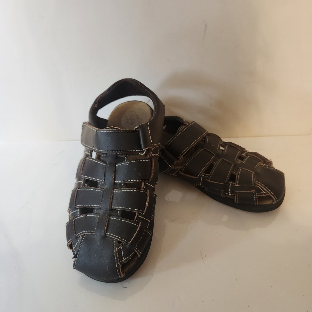 Propet Boys Brown Leather Fisherman Sandals Hook Loop Strap Size 2